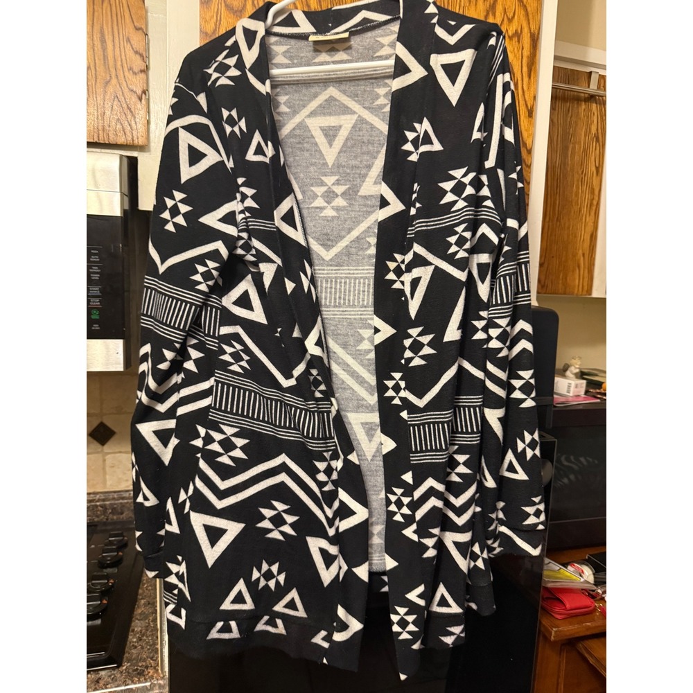 Bobbie Brooks‎ Womens XL Black White Geometric Tribal Print Open Front Cardigan